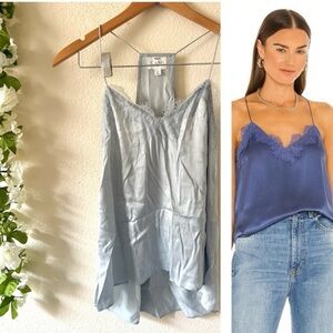 CAMI NYC Light Blue Lace Trim 100% Silk Racer back Charmeuse Cami Tank Top